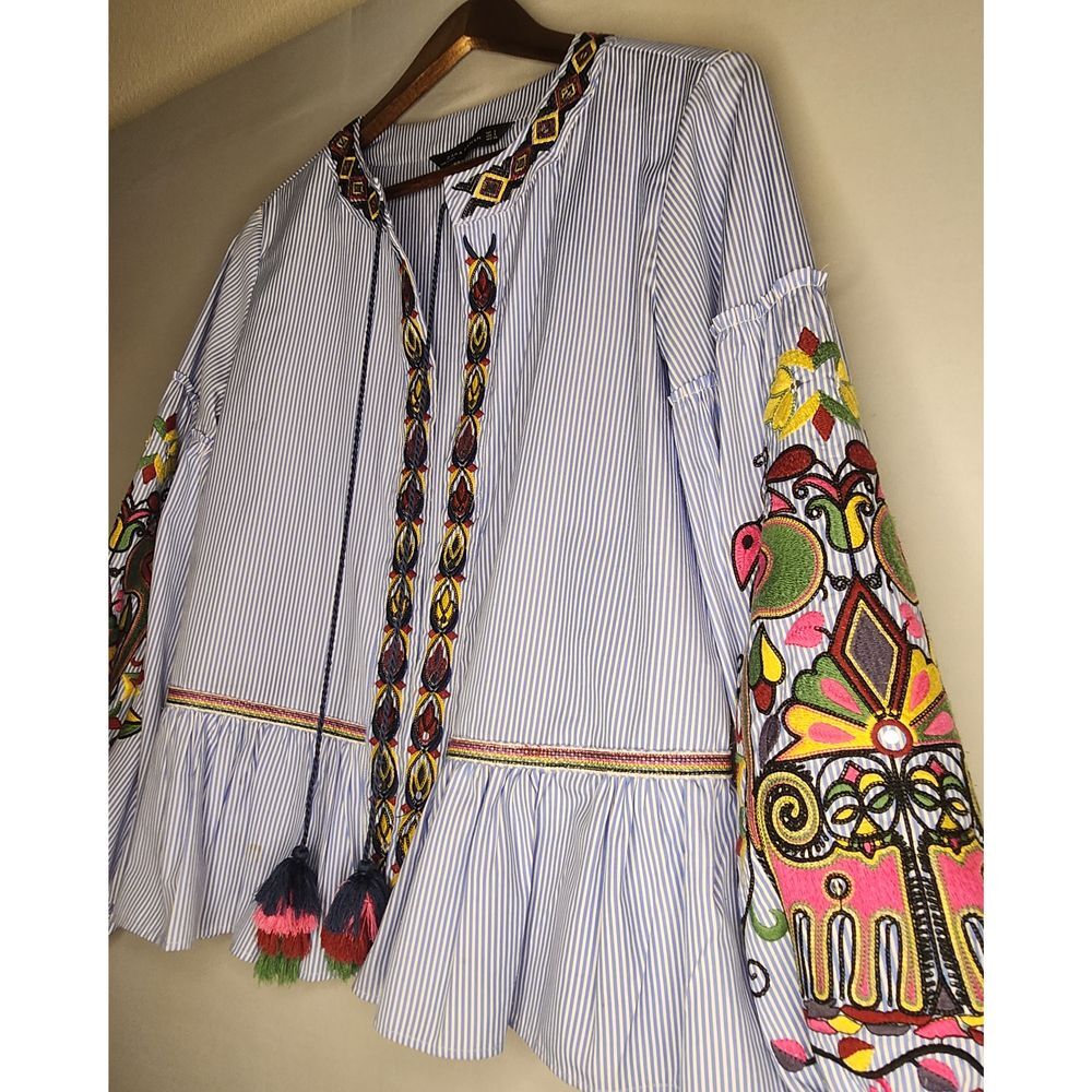 Zara Sequin Embroidered Striped Jacket Blouse Kimono Small Open Front Cardigan - Picture 7 of 8
